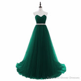 Simple Green Beaded Waist Tulle A-line Floor Length Party Dress, Green Formal Dress